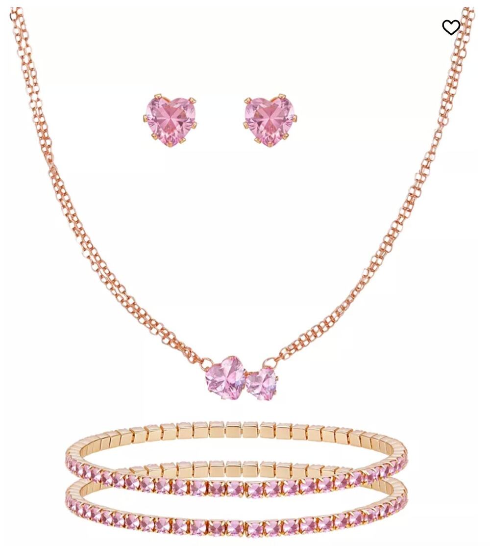NIB Guess Womens Cubic Zirconia Heart Gold Necklace Earrings Bracelet Pink Set
